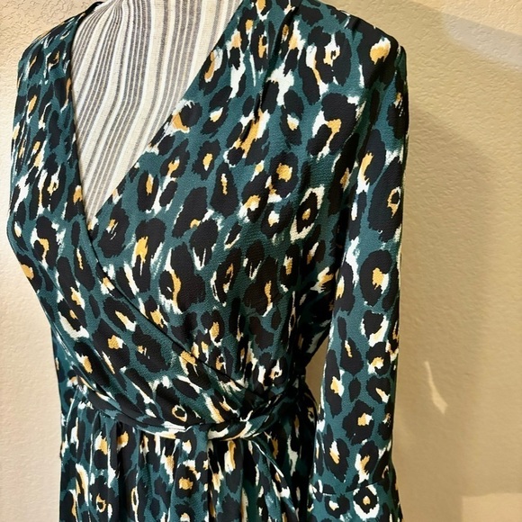 Express Dress Small Olive Green Animal Print Black Mustard Cream Mini Faux Wrap - Picture 7 of 15